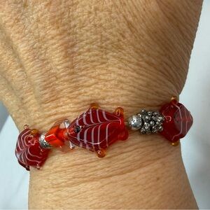 Red Glass Fish Bead Stretch Bracelet with Silver Accent Beads